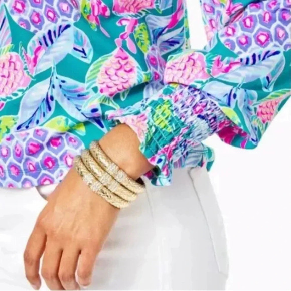 Lilly Pulitzer Lana Off-The-Shoulder Top Maldives Green Turtle Wave Size XLarge - Picture 4 of 15